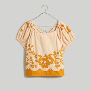 Madewell Embroidered Lace Up Back Top Puff Sleeves Orange Peach Floral SzS